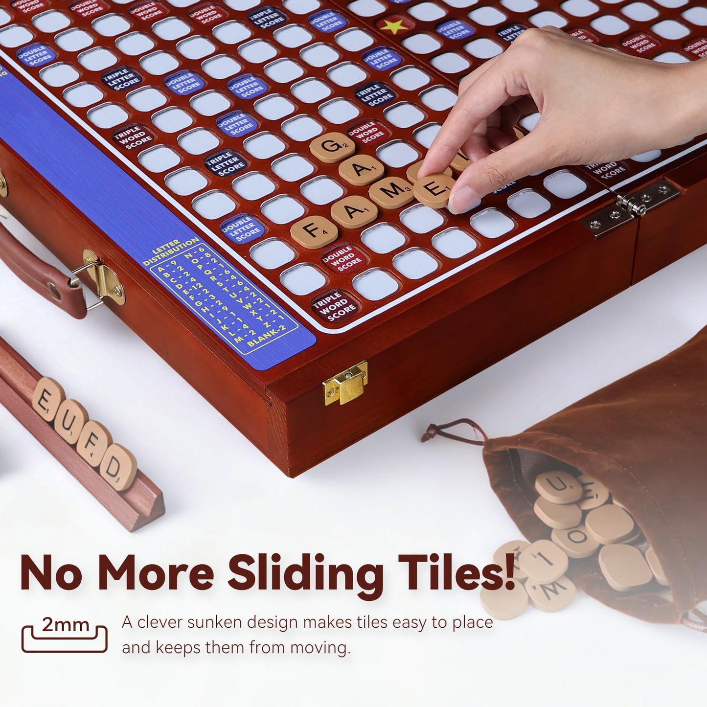 Deluxe Wooden Crossword Board Game with Rotating Board, Foldable & Portable Design, Large-Sized Board, Built-in Storage, for 2-4 Players, Includes