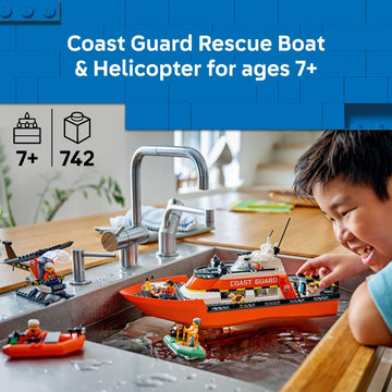 LEGO City Coast Guard Rescue Boat & Helicopter Building Toys - Kids Pretend Play Set for Boys & Girls, Ages 7+ - W/2 Rescue Boat Toys, 5 Minifigures