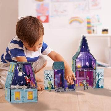 PicassoTiles Scary Haunted House Magnetic Tiles Building Block with 8 Halloween Theme Action Figure Magnet Construction Toy Kit Double-Sided Mansion