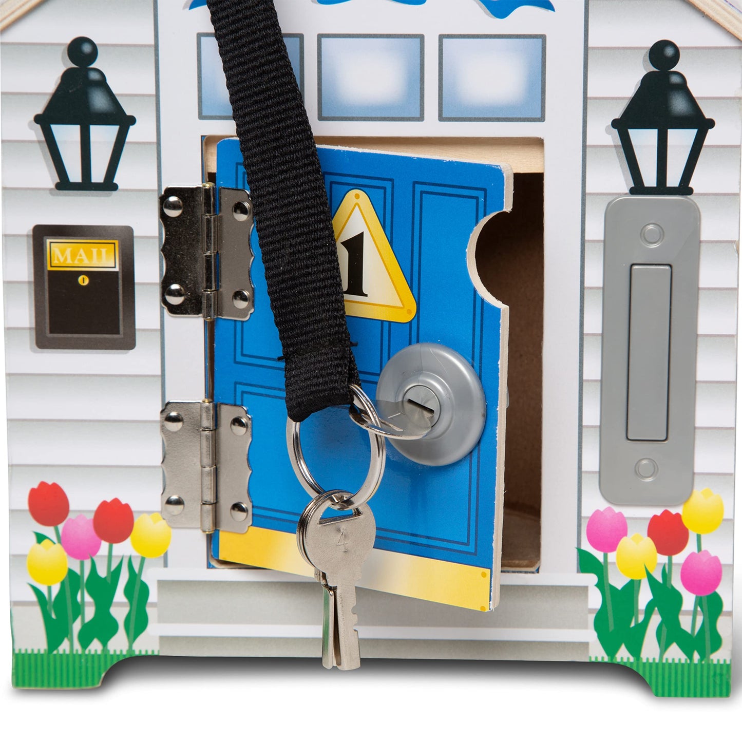 Melissa & Doug Take-Along Wooden Doorbell Dollhouse - Doorbell Sounds, Keys, 4 Poseable Wooden Dolls Portable Doll House, Doorbell House for Kids Ages
