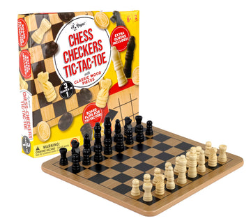 Regal Games - Reversible Wooden Board for Chess, Checkers & Tic-Tac-Toe - 24 Interlocking Wooden Checkers and 32 Standard Chess Pieces - for Age 8