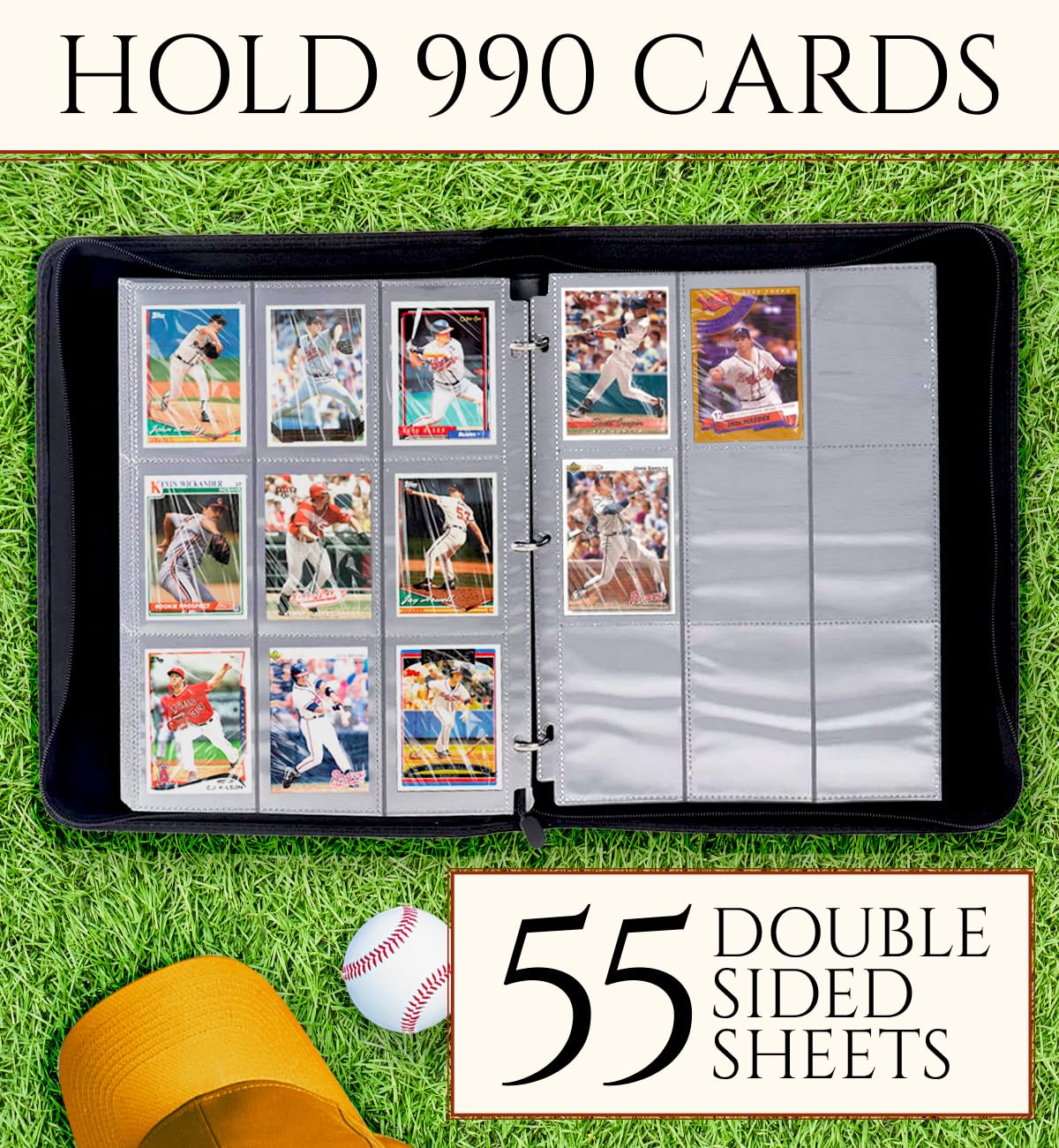 Baseball Card Binder 9 Pocket - Holds 990 Cards, Zipper Trading Card Binder with Extra Space to Close When Full, Includes 25 Toploaders and Inner
