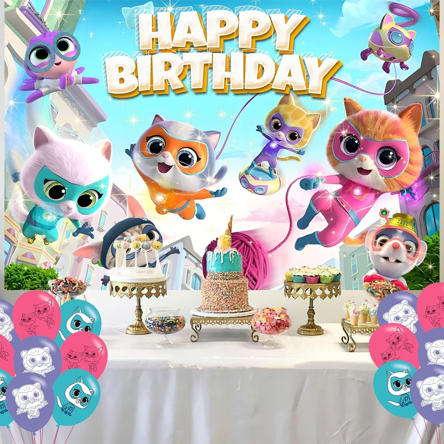 Super Cat Birthday Party Decoration,Kitties Party Photo Background 5 x 3 FT and 18 Pcs Balloon,Cat Merch Party Backdrop Supplies