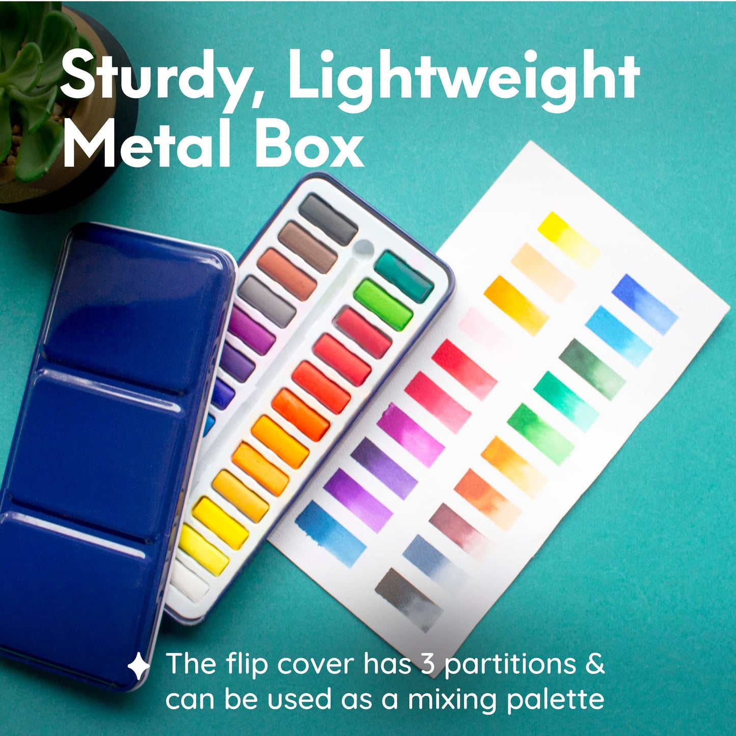MozArt Supplies Watercolor Paint Essentials Set - Lightweight and Portable Metal Box - Lid Has 3 Partitions for Color Mixing - Easy-to-Blend Non-Toxic