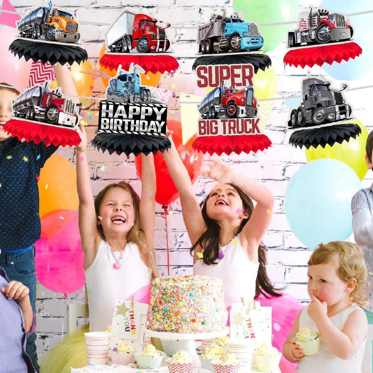 LIANGSS 8-Piece Heavy Duty Truck Theme Honeycomb Centerpieces for Kids - Semi Truck, Baby Shower, Birthday, Traffic Party Honeycomb Tabletop