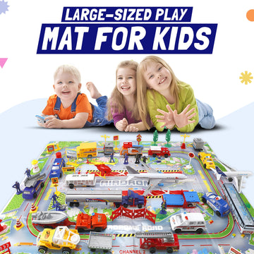 57 PCS Commercial Airport Playset with Airplane Toys, Play Vehicles, Fire Trucks, Police Cars & Figures, and Accessories in Storage Bucket for Kids