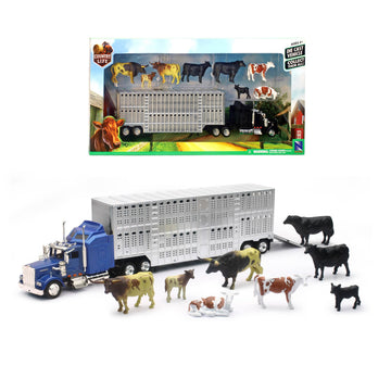 New Ray Country Life 1:43 Livestock Playset - Die-Cast Semi Truck & Trailer with 10 Cattle, Free-Wheeling Farm Vehicles, Opening Rear Door, Ages 8+