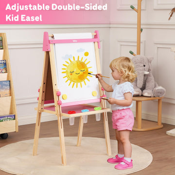 Belleur Wooden Art Easel for Kids 2+, Adjustable Double Sided Easel for Toddlers with Dry-Erase Board & Magnetic Whiteboard & Paper Roll Rod, 28"-40"