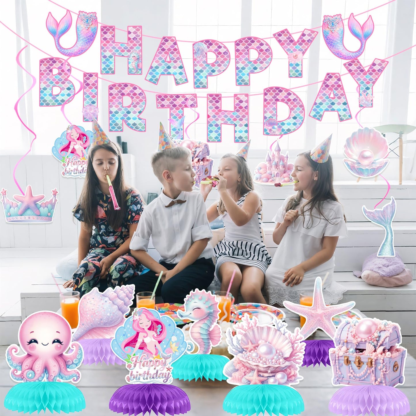 Mermaid Birthday Decorations Mermaid Birthday Party Supplies Banner Hanging Swirls Honeycomb Centerpiece for Girls Mermaid Party Decorations