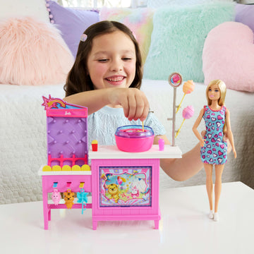 Barbie Mysteries: Beach Detectives Malibu Doll & Cotton Candy Game Booth Playset with 20 Accessories Including Prizes