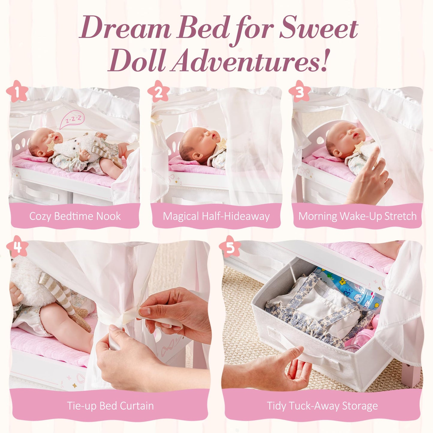 ROBOTIME 18 Inch Doll Bed with Canopy, Wooden Doll Bed with Fabric Storage Drawers, Bedding & Pillow, Pink Doll Furniture for 18 Inch Dolls, Pretend