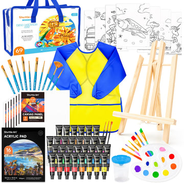 69 Pack Kids Paint Set, Shuttle Art Art Set for Kids with 30 Colors Acrylic Paint, Wood Easel, Canvas, Painting Pad, Brushes, Palette and Smock