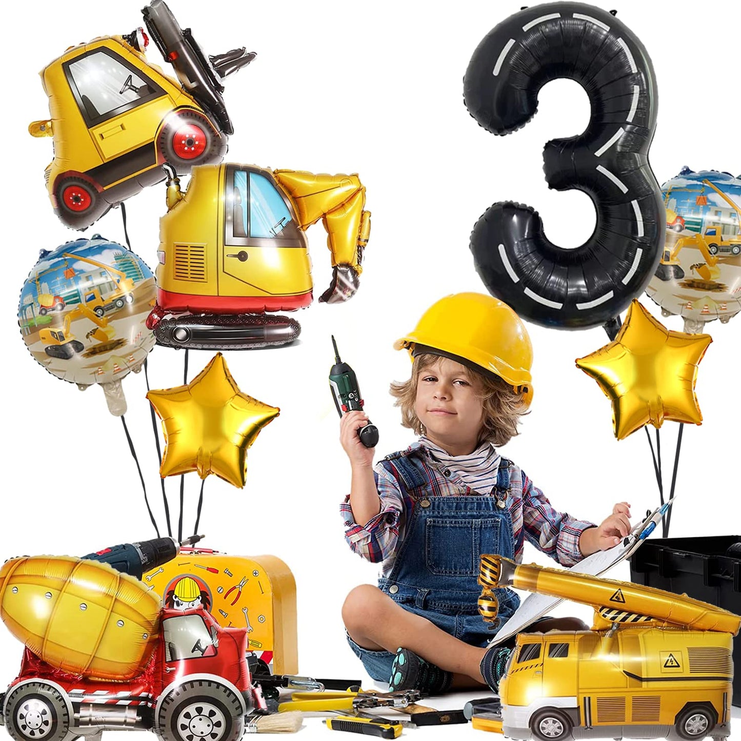 Construction Truck Balloons for Boys 3rd Birthday Party Supplies - Tractor Themed Decorations and Favors