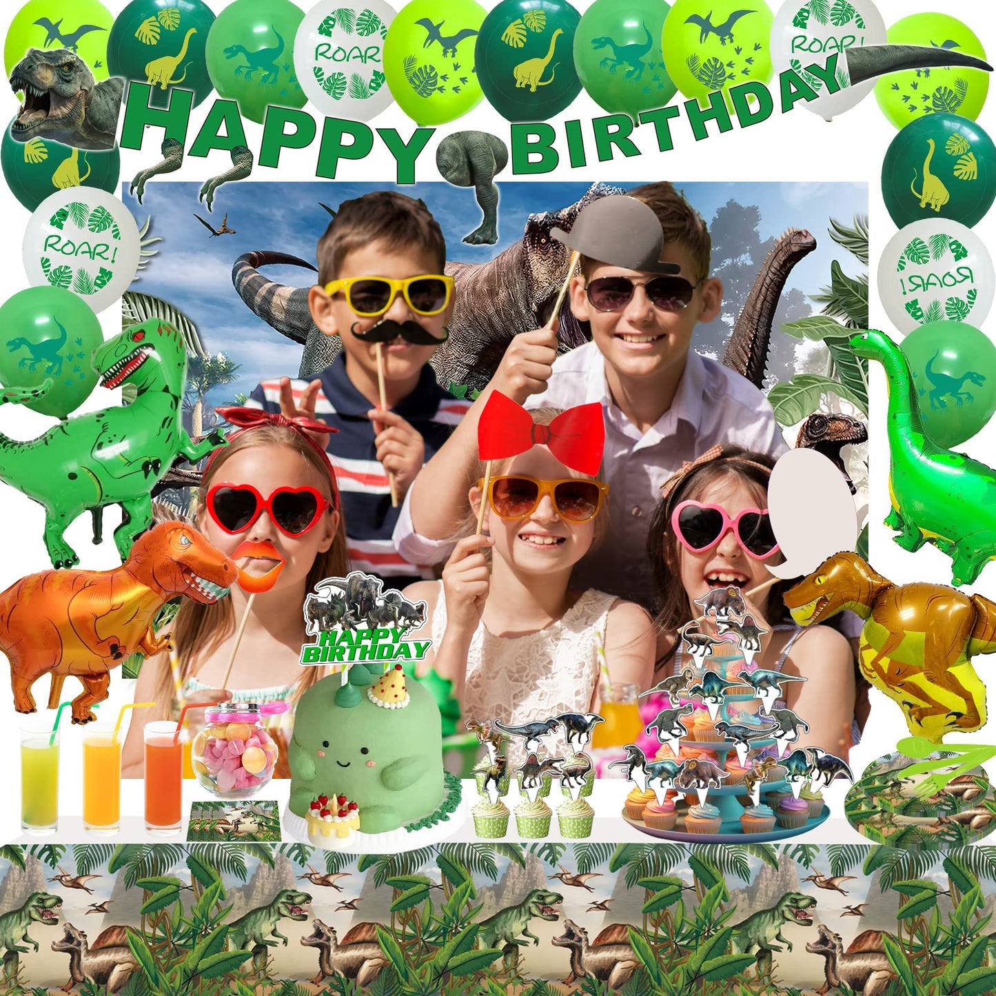 Dinosaur Themed Birthday Party Decoration Kit - Includes Backdrop, Tablecloth, Birthday Banner, Cake/Cupcake Toppers, Hanging Swirls, Disposable