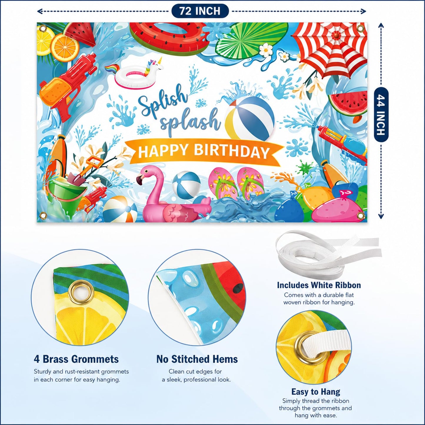 Splish Splash Birthday Backdrop, 71 x 43 Inch Pool Party Decorations Banner