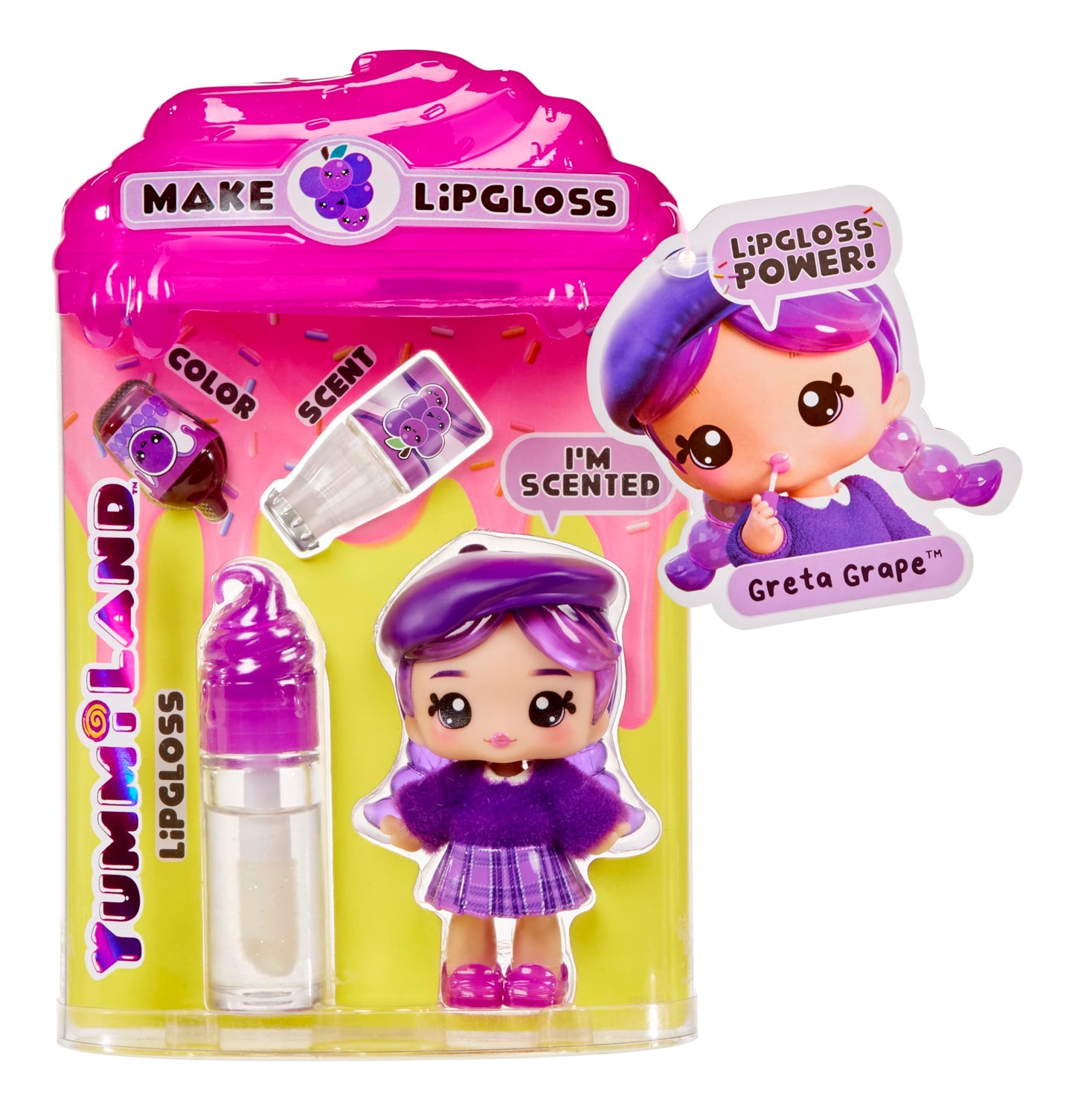 YUMMILAND Lipgloss Doll - Greta Grape - Scented Doll with DIY Lip Gloss Kit - Suitable for Girls and Boys Over 4 Years Old