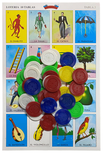 Loteria Mexicana Tradicional Jumbo Don Clemente 10 Jugadores 100 Fichas Poker - Jumbo Size Mexican Bingo Set with 100 Plastic Chips for 10 Players