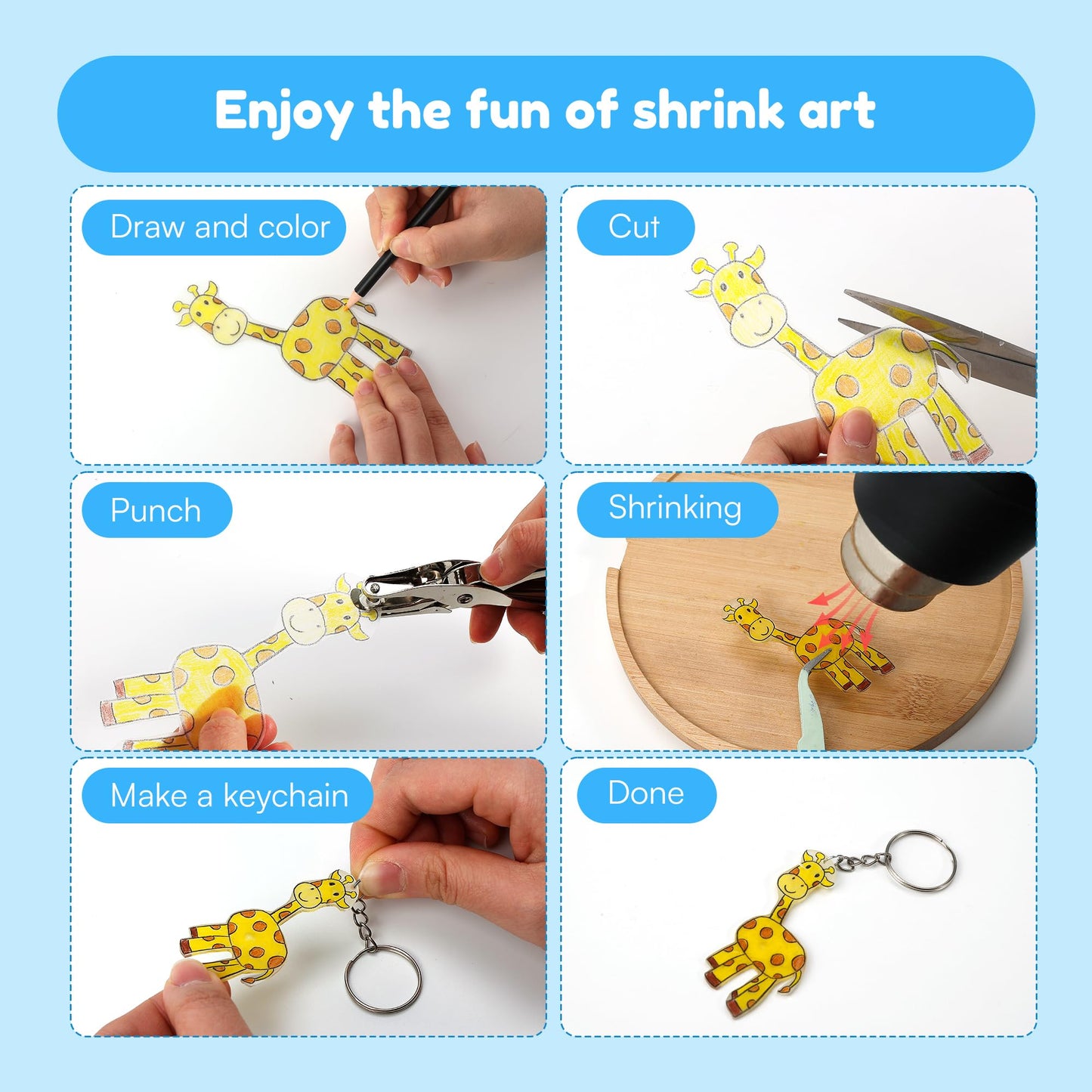 Auihiay 198 Pieces Shrink Plastic Kit Includes 20 Sheets Shrink Papers, Hole Punch, Keychain Accessories and Pencils for Shrink Art and DIY Keychain