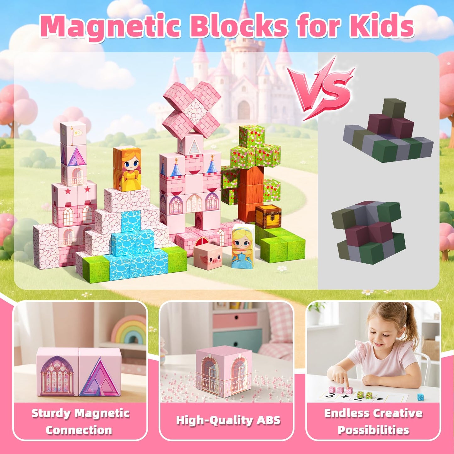 Magnetic Blocks, 48PCS Magnetic Building Cube Set for Kids Ages 3+, Constructions STEM Stacking Tiles Toy Building Birthday Gifts for Girls