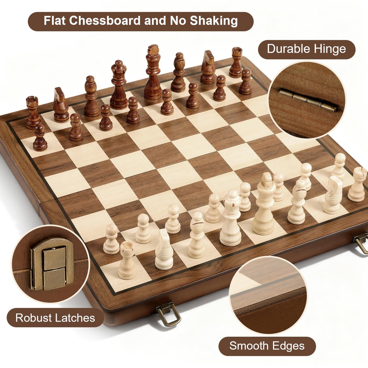 Durpeak Magnetic Wooden Chess Set, 2 Extra Queens, 15'' Folding Portable Travel Chessboard with Chess Pieces Storage Slots for Professional Tournament