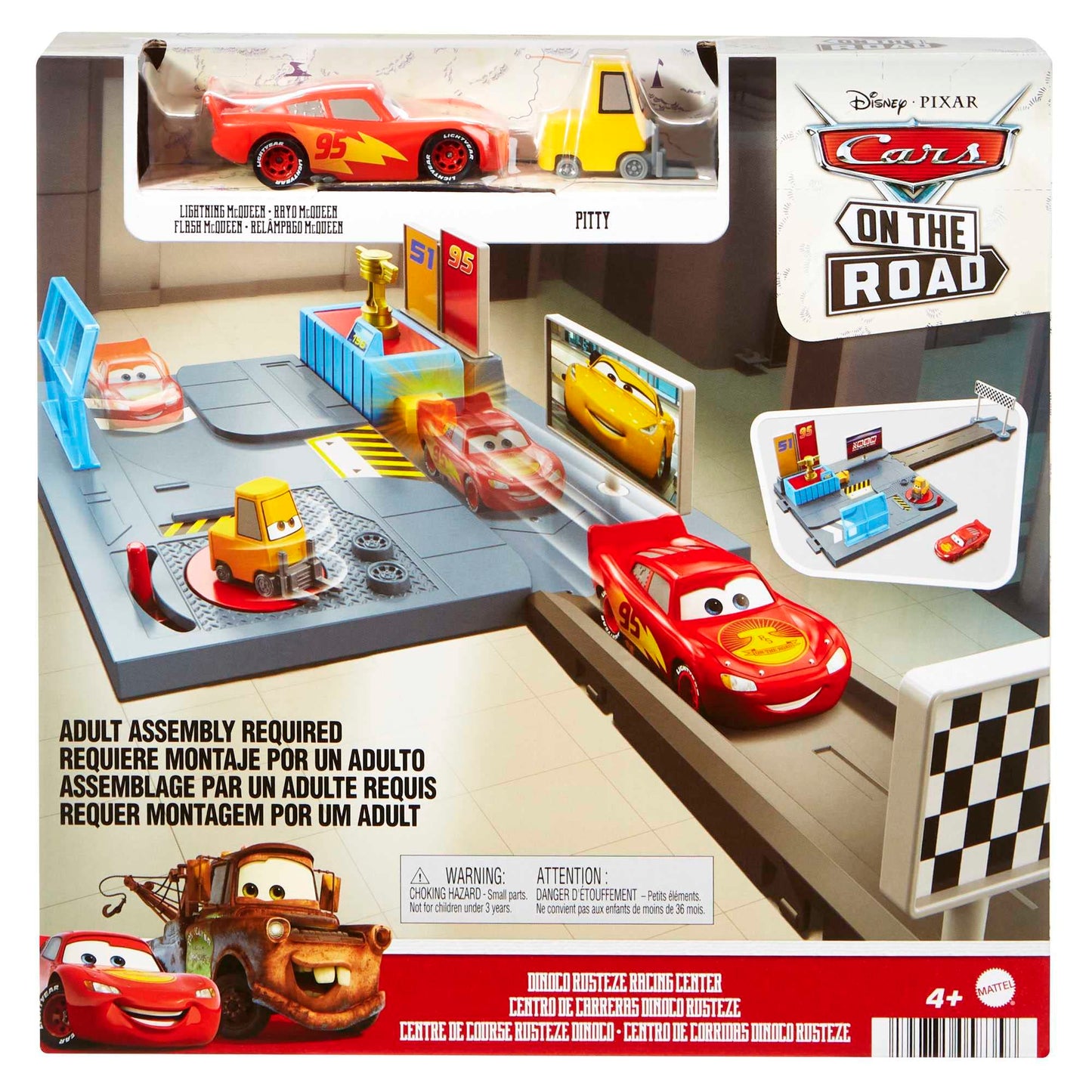 Disney and Pixar Cars On The Road Dinoco Rusteze Racing Center Playset with Lightning McQueen Toy Car, Launcher, Short Track and Spinning Pitty, Toy