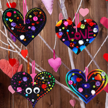 27 Sets Magic Color Scratch Paper Heart Ornaments Bookmarks Valentine Craft Kits Scratch Paper Heart Cutouts Pom-poms Googly Eyes for Kids Activity