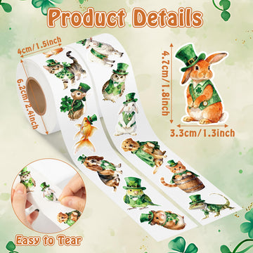 DSjuedui Easter Watercolor Animal Roll Stickers - 2000Pcs Spring Green Shamrock Dog Cat Birds Cartoon Stickers for Kids, Irish St Patrick's Day
