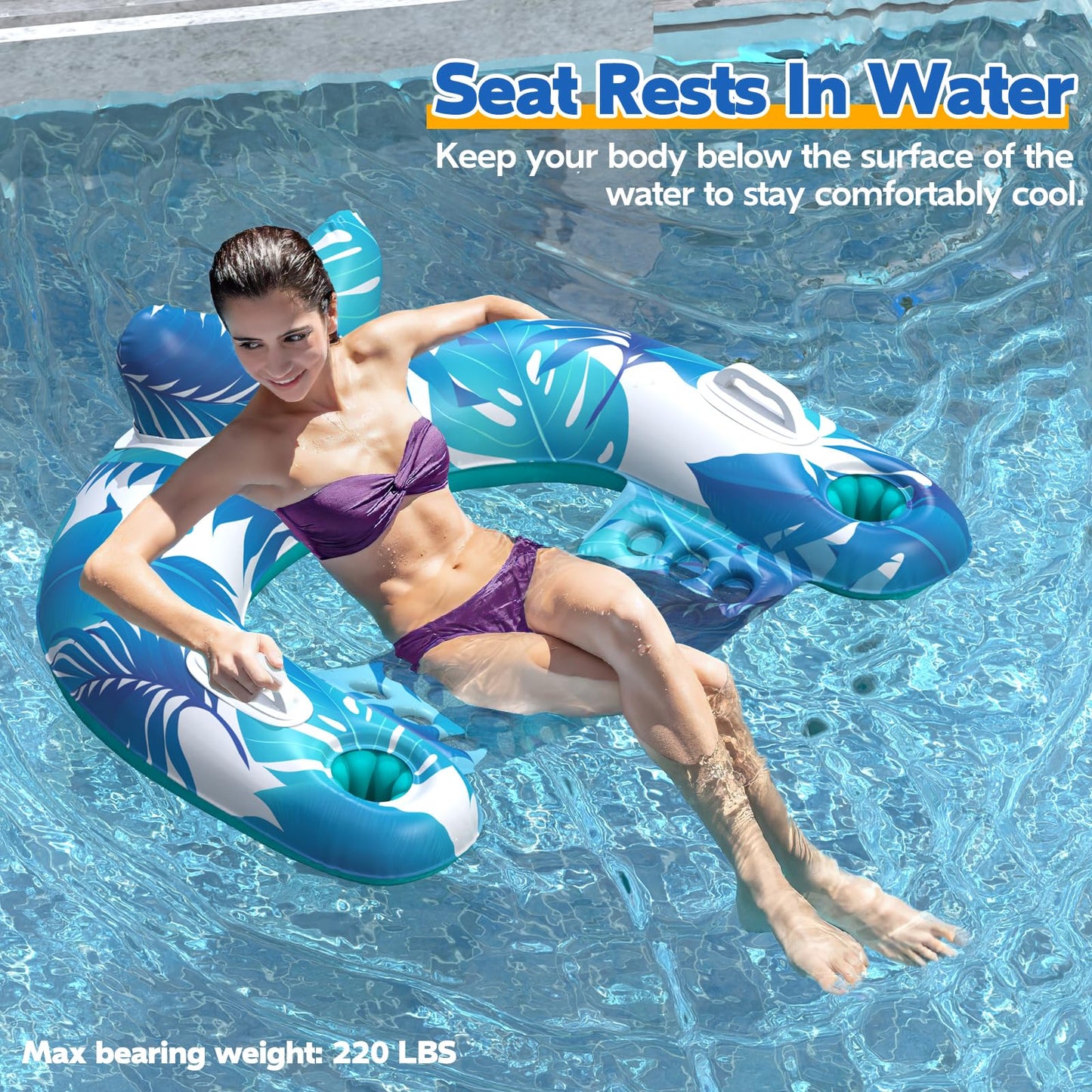 KEUCL Pool Floats, 3 Pack Inflatable Pool Float Chairs with Cupholders & Handles, Pool Floats Adult & Kids Perfect for Pool Lake & Rivers, Pool Toys
