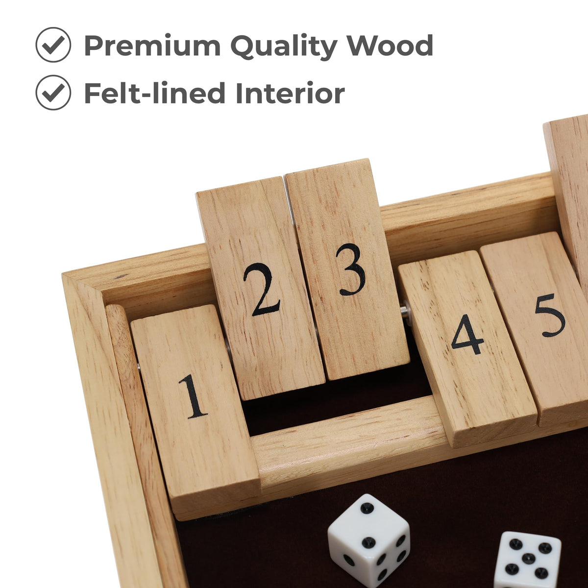 WE Games Wooden Shut the Box - Close the Box Set with 12 Number Tiles & 2 Dice Games - 13.5” Natural Wood Finish
