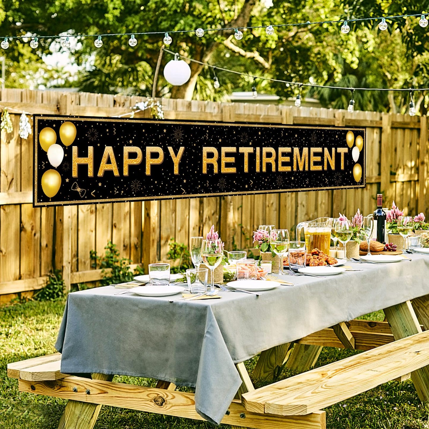 ANATANOWOR Retirement Party Decorations, Large Black and Gold Happy Retirement Banner, Retirement Party Decorations Men, Retirement Banner for Women