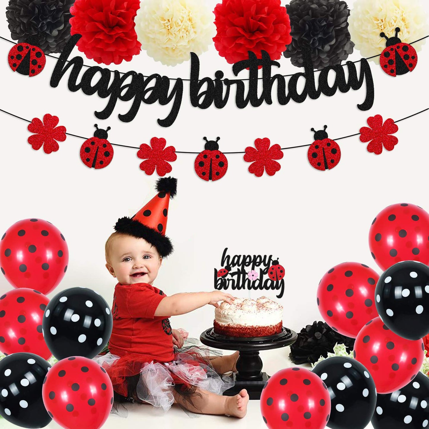 Ohiviaaa Ladybug Birthday Decorations Ladybird Happy Birthday Banner Ladybeetle Cake Topper Black Red Latex Balloon Pom Pom Flowers for Ladybug Theme