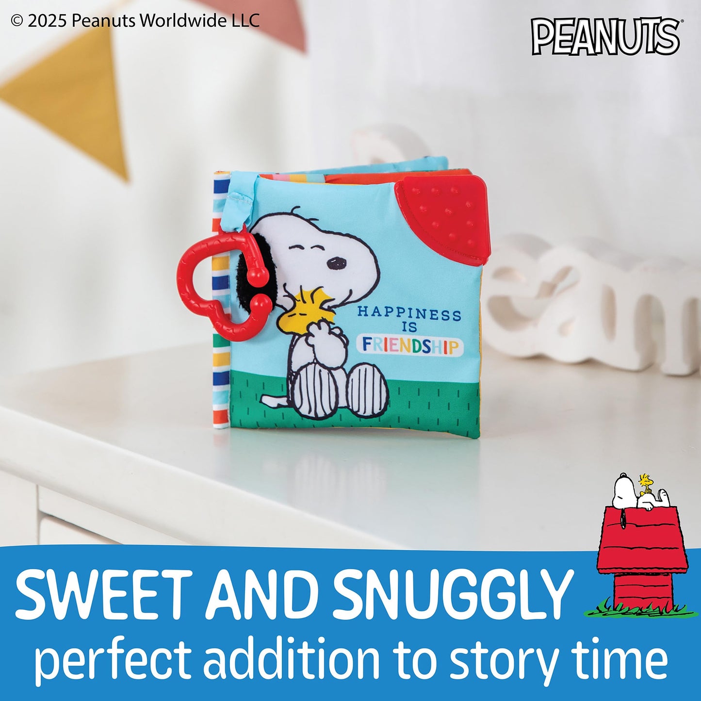 Kids Preferred Peanuts Snoopy Baby Stuff Fun Crinkle Book with On The Go Travel Clip Teether Soft Sensory Book for Babies & Toddlers, 5.25x5.25 Inches