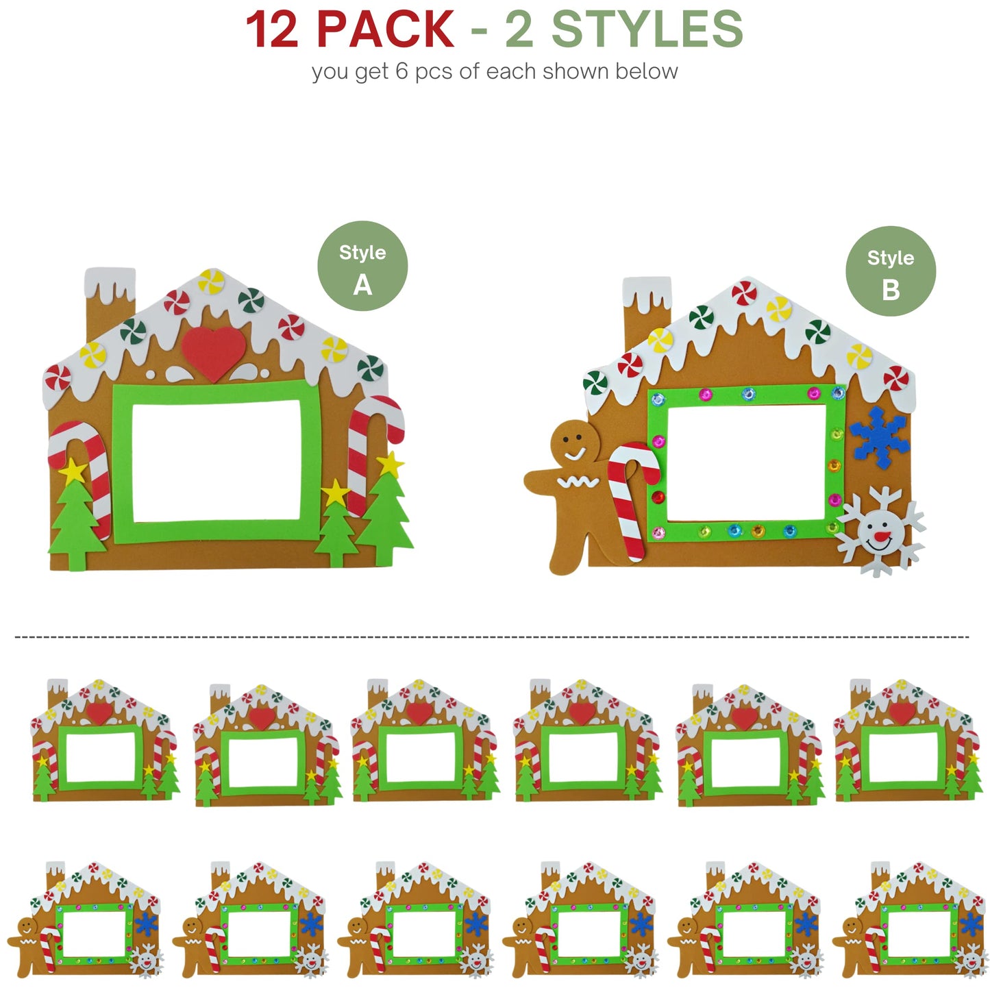 4E's Novelty Foam Gingerbread House Picture Frame Craft (12 Pack) Bulk Christmas Photo Frame Magnet Craft Kit, DIY Classroom Christmas Crafts for Kids