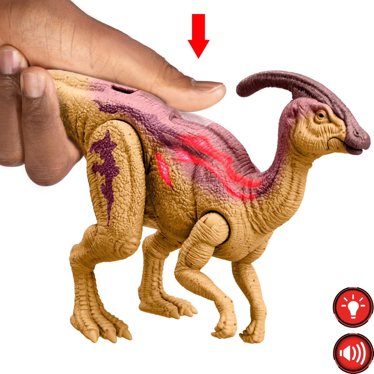 Mattel Jurassic World Wild Roar Dinosaur Action Figure, Parasaurolophus with Glowing Spine Reveal Lights & Sound, Posable Toy with Digital Play