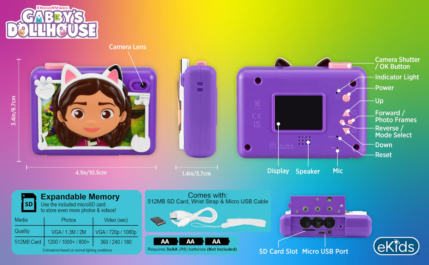 ekids Gabbys Dollhouse Kids Camera with SD Card, Digital Camera for Kids with Video Recording, Built-in Digital Stickers for Fans of Gabbys Dollhouse
