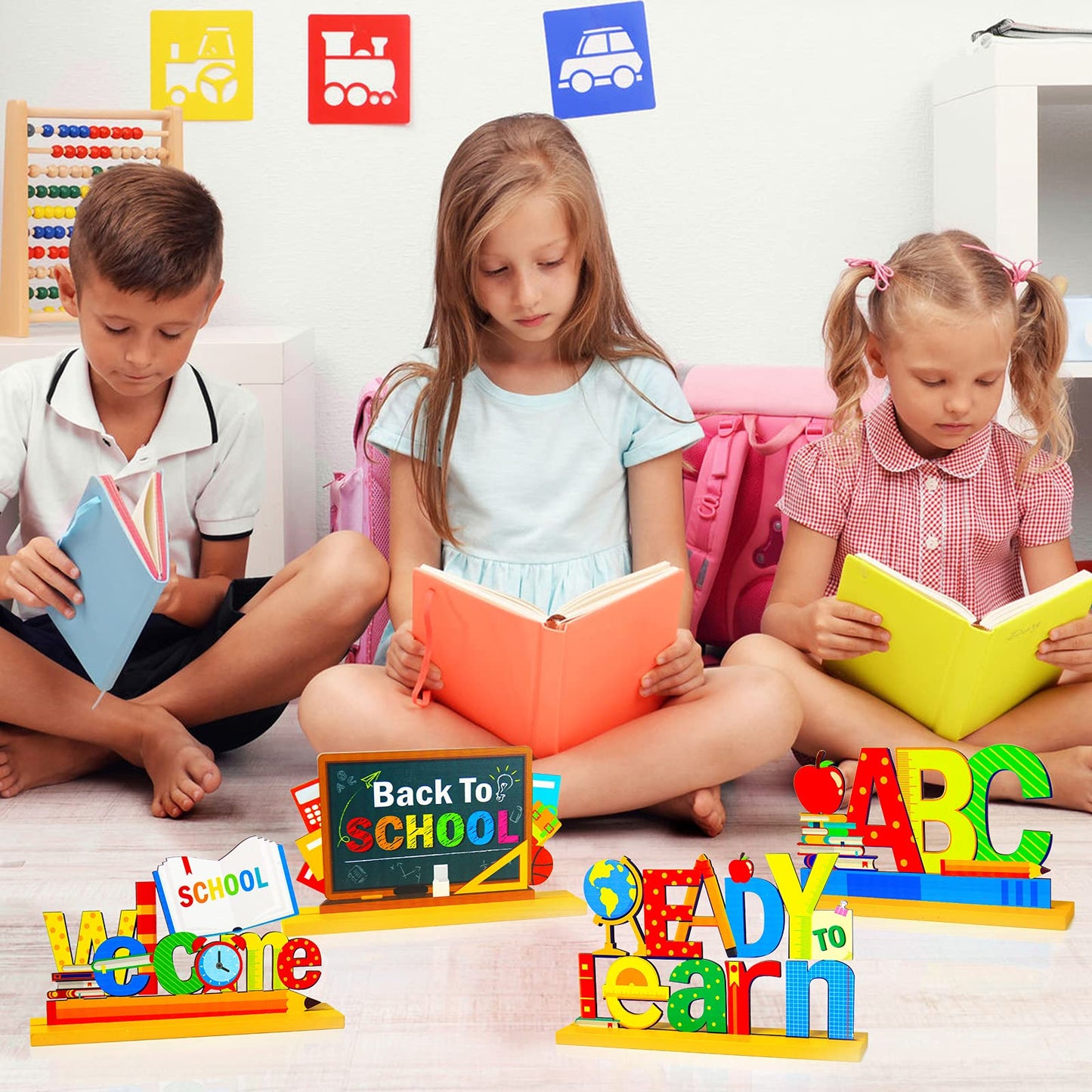 4 Pieces Back to School Party Decorations Wooden First of School Centerpieces Ready to Learn Table Toppers for School Classroom Home Teacher Party