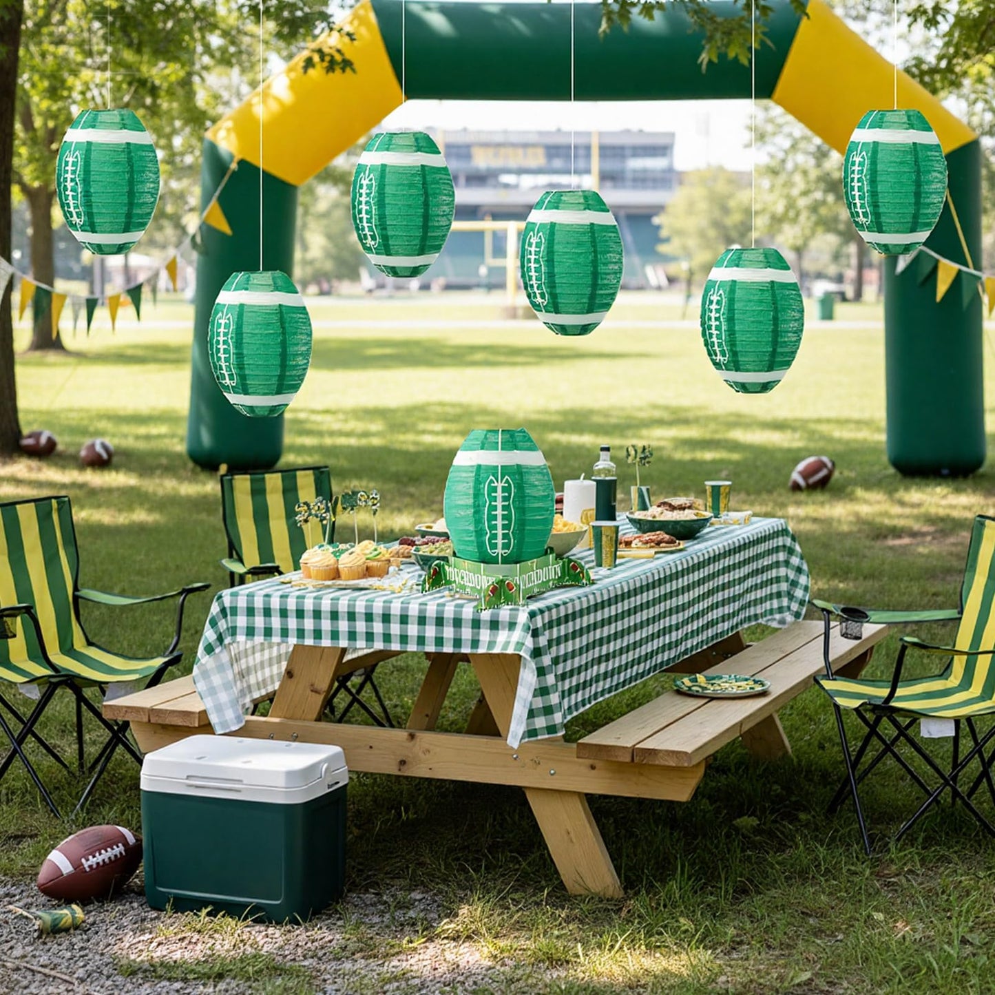Mudder 8 Pcs Football Paper Lantern Sports Fan Party Decor Table Centerpiece Set Football Game Lantern with Stand Pieces for Game Day Tailgates