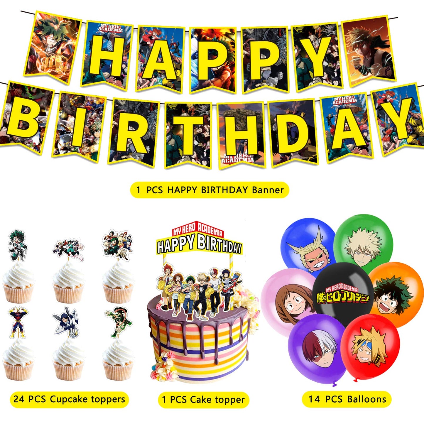 My Hero Academia Party Supplies, Birthday Decorations Set Including Balloons, Banner, Cake Toppers, Cupcake Toppers for MHA Fans Kids, MHA Theme