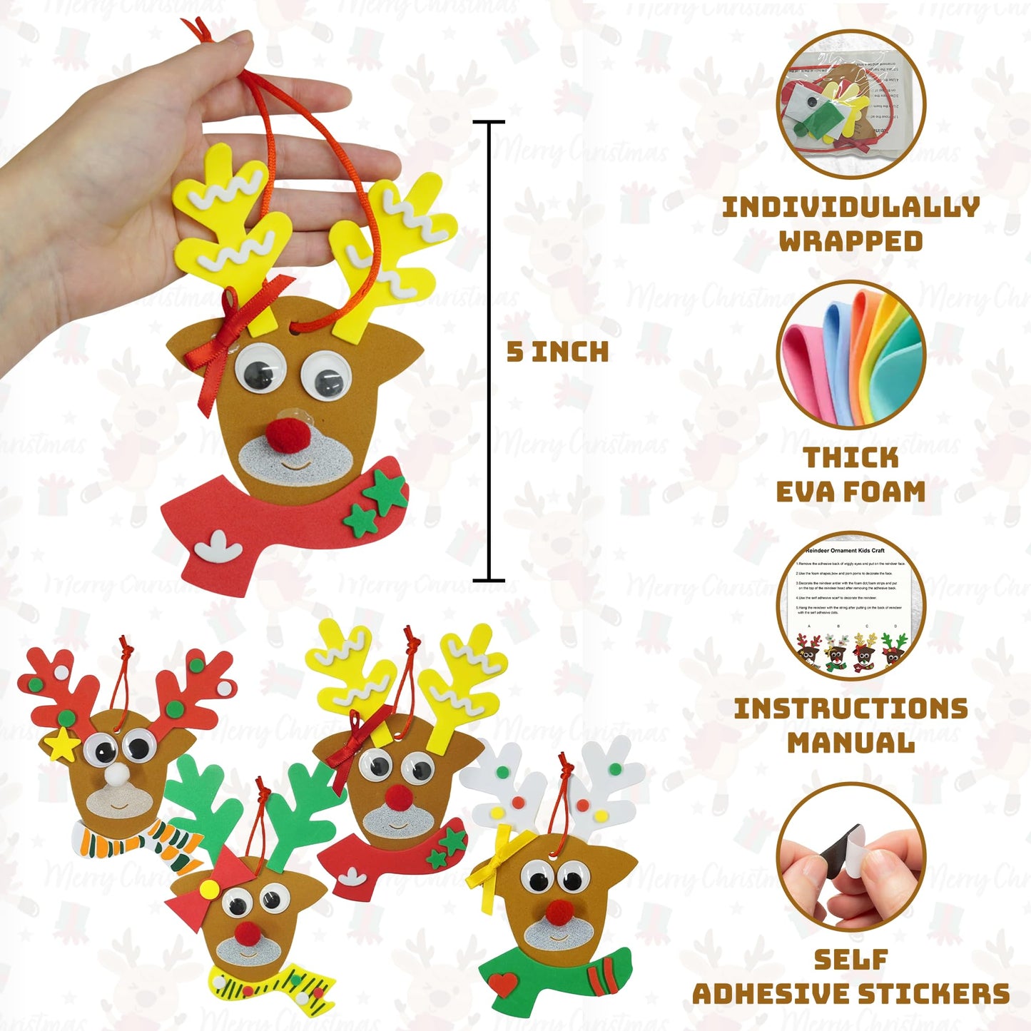 4E's Novelty Reindeer Christmas Ornament Craft for Kids (12 Pack) Updated Edition - Foam Bulk Arts and Crafts Kit for Kids Toddlers 4-8 DIY Craft