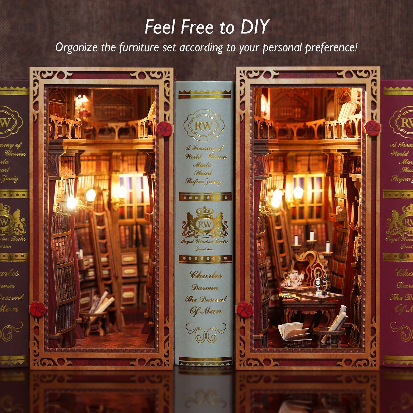 JOOHOUR DIY Book Nook Kit, Beauty and The Beast, Dollhouse Miniature, Booknook Bookshelf Insert Decor Alley 3D Wooden Puzzle, Bookends Model Building
