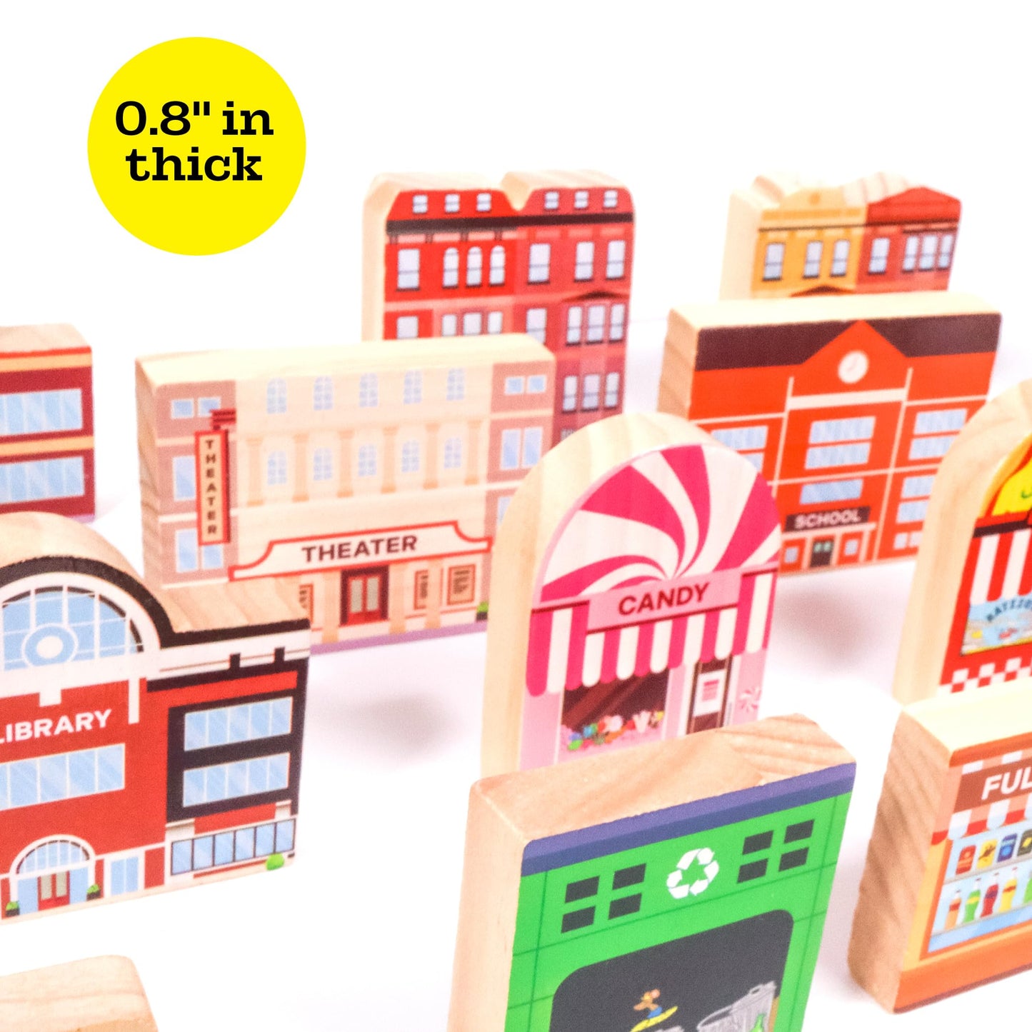 20 Pc Wooden City Play Set - Wooden Town Buildings and Street Signs for Play Mats, Toy Cars and Trains - Educational Preschool Track Accessories