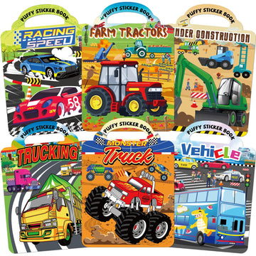 Elfew 6 Pack Car Sticker Books for Toddlers 2-4, Reusable 3D Puffy Vehicle Stickers for Boys 3-5, Construction Trucks Racing Mess Free Activity Set