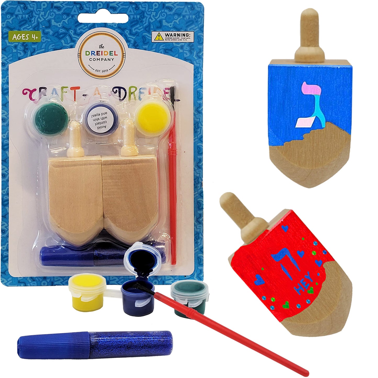 Craft-A-Dreidel, Create Your Own Custom Dreidel, Kit Includes 6 Wooden Dreidels, 9 Colors, 3 Brush, 3 Glitter - Fun and Educational (6 Dreidels)