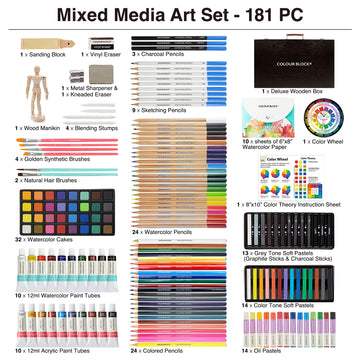 COLOUR BLOCK 181-Piece Mixed Media Art Set in Wooden Case, Deluxe Drawing Set and Professional Art Supplies for Adults, Art Kit for Drawing