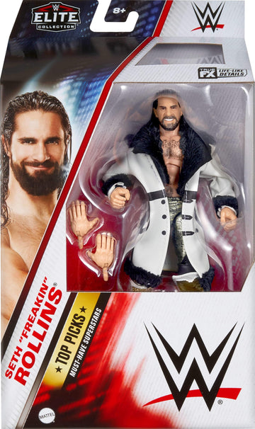 Mattel WWE Top Picks Elite Action Figure & Accessories Set, Seth “Freakin” Rollins 6-inch Collectible with Swappable Hands, Ring Gear & 25