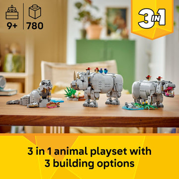 LEGO Creator 3 in 1 Wild Animals: Majestic Rhino with Birds Building Toys for Kids - Safari Pretend Play Toys for Girls & Boys, Ages 9+ - Gift
