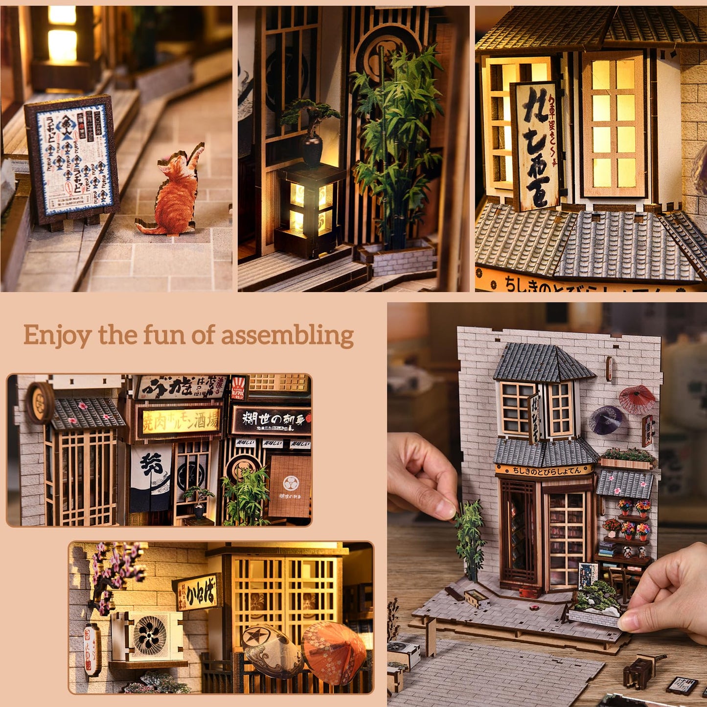 DIY Book Nook Kit, 3D Wooden Puzzle Bookend with LED Light, Japanese Street Alley Miniature House Model, Creative Shelf Insert Decor & Arts Crafts