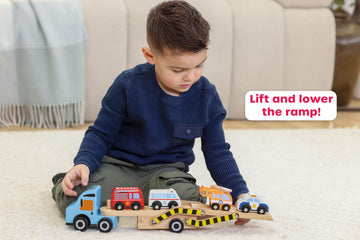 Jasey's Toy Chest Wooden Off to the Rescue Vehicle Carrier - 6-Piece Fire & Rescue Wooden Toy Set for Kids Ages 3+ | Oppenheim Award Winner