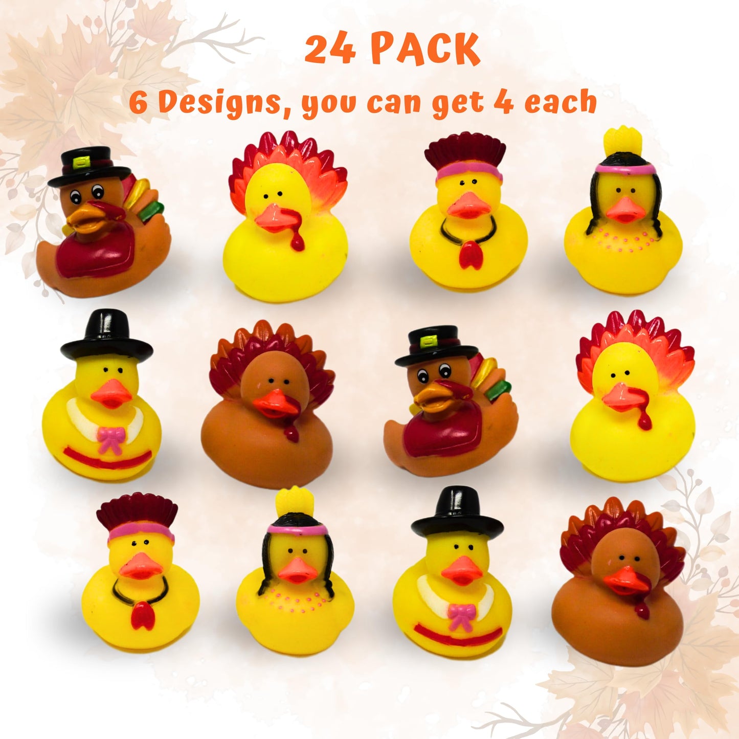 4E's Novelty Thanksgiving Rubber Duckies (24 Pack) Thanksgiving Themed Rubber Ducks Bulk Turkey & Pilgrim Ducks, Thanksgiving Party Favors Supplies