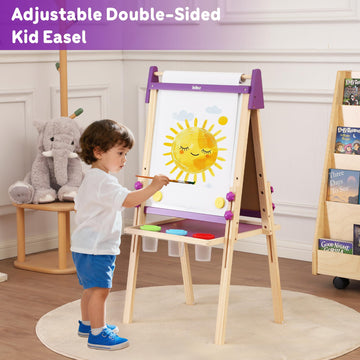 Belleur Wooden Art Easel for Kids 2+, Adjustable Double Sided Easel for Toddlers with Dry-Erase Board & Magnetic Whiteboard & Paper Roll Rod, 28"-40"